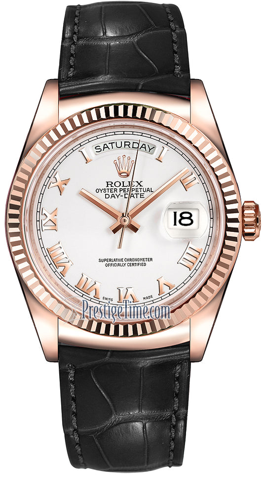 Rolex Day-Date 36mm Everose Gold Fluted Bezel 118135 White Roman Leather