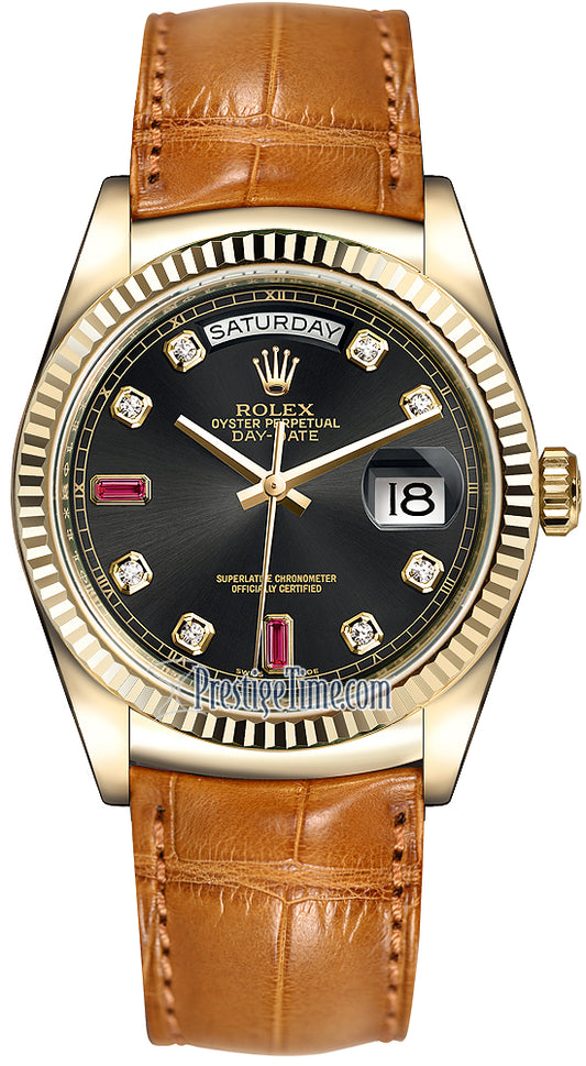 Rolex Day-Date 36mm Yellow Gold Fluted Bezel 118138 Black Diamond Ruby Leather