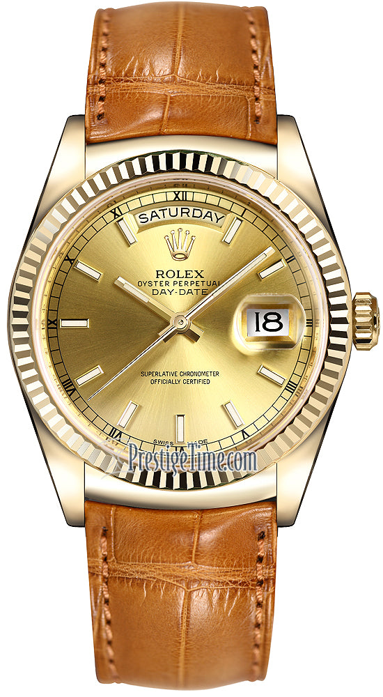 Rolex Day-Date 36mm Yellow Gold Fluted Bezel 118138 Champagne Index Leather