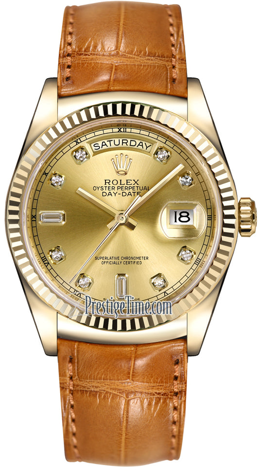 Rolex Day-Date 36mm Yellow Gold Fluted Bezel 118138 Champagne Diamond Leather