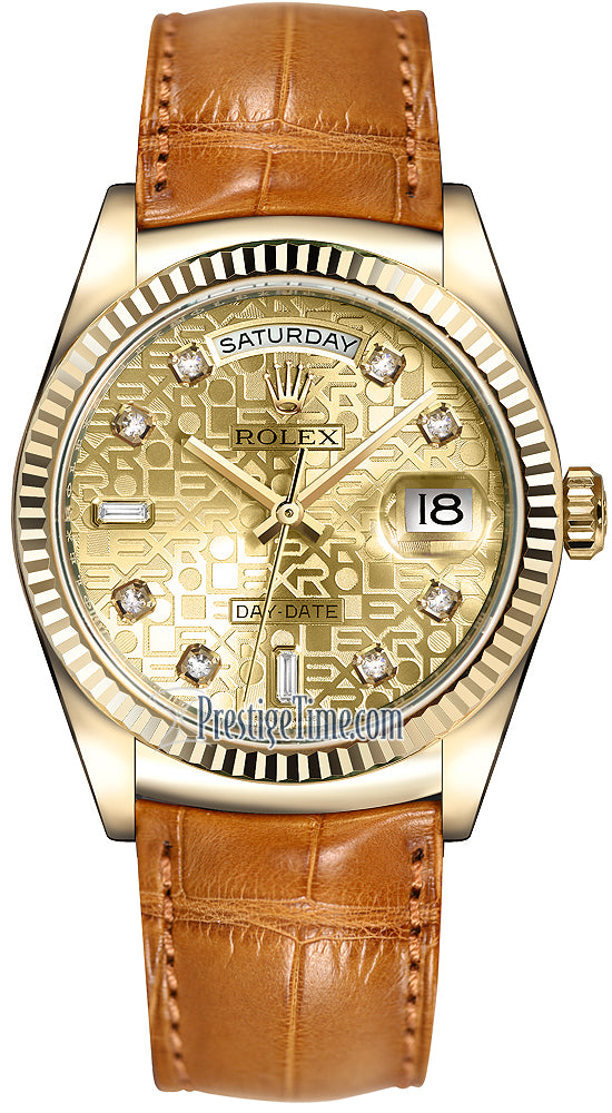 Rolex Day-Date 36mm Yellow Gold Fluted Bezel 118138 Champagne Jubilee Diamond Leather