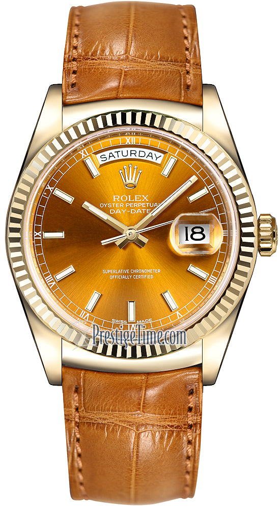 Rolex Day-Date 36mm Yellow Gold Fluted Bezel 118138 Cognac Index Leather