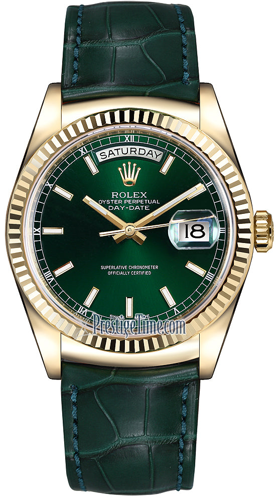 Rolex Day-Date 36mm Yellow Gold Fluted Bezel 118138 Green Index Leather