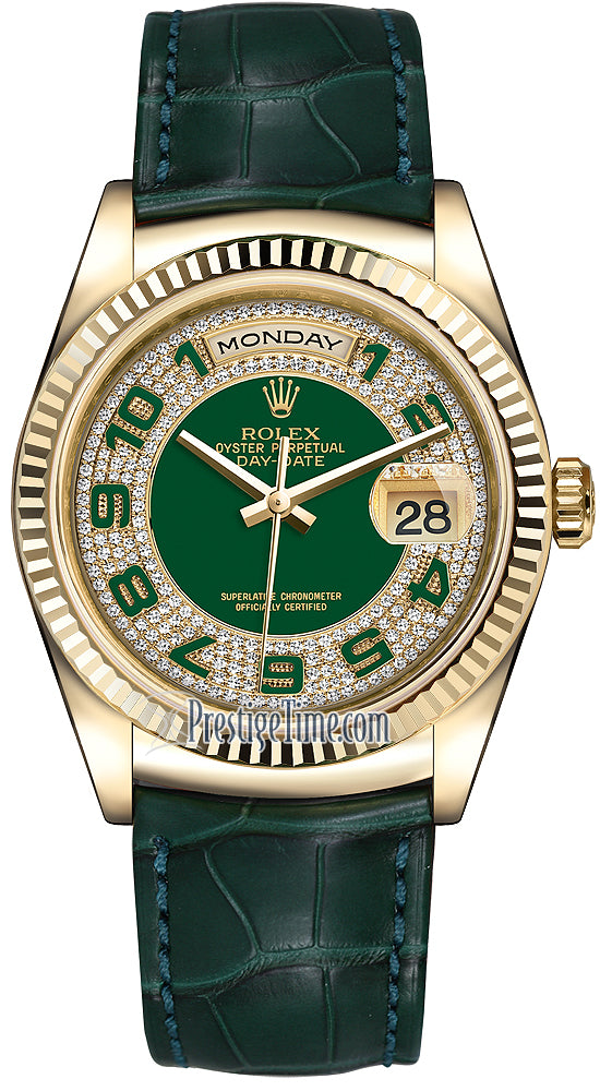 Rolex Day-Date 36mm Yellow Gold Fluted Bezel 118138 Green Pave Diamond Arabic Leather