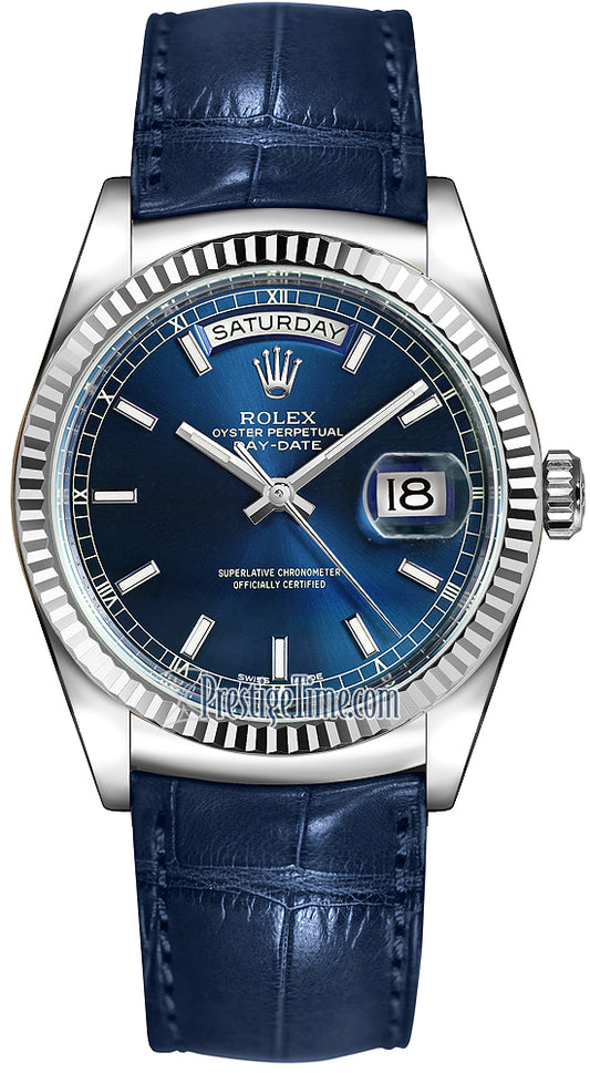 Rolex Day-Date 36mm White Gold Fluted Bezel 118139 Blue Index Leather