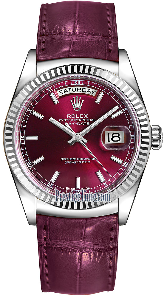 Rolex Day-Date 36mm White Gold Fluted Bezel 118139 Cherry Index Leather