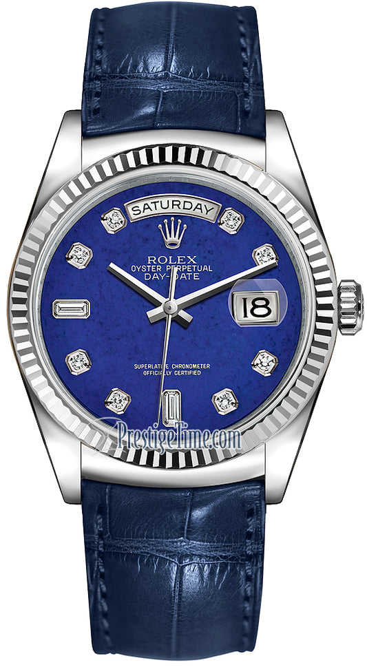 Rolex Day-Date 36mm White Gold Fluted Bezel 118139 Lapis Lazuli Diamond Leather