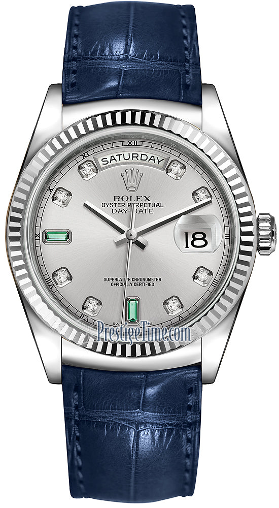 Rolex Day-Date 36mm White Gold Fluted Bezel 118139 Rhodium Diamond Emerald Leather