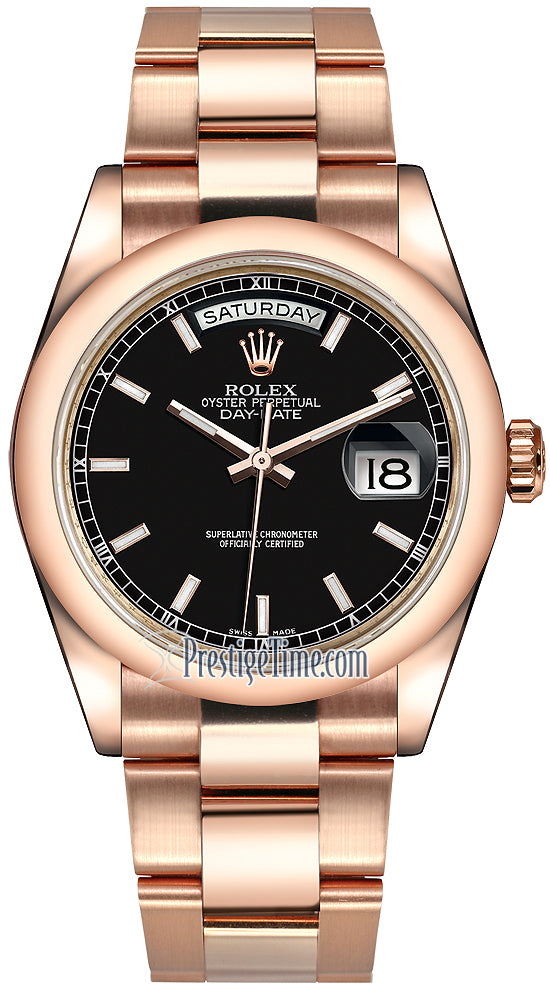 Rolex Day-Date 36mm Everose Gold Domed Bezel 118205 Black Index Oyster