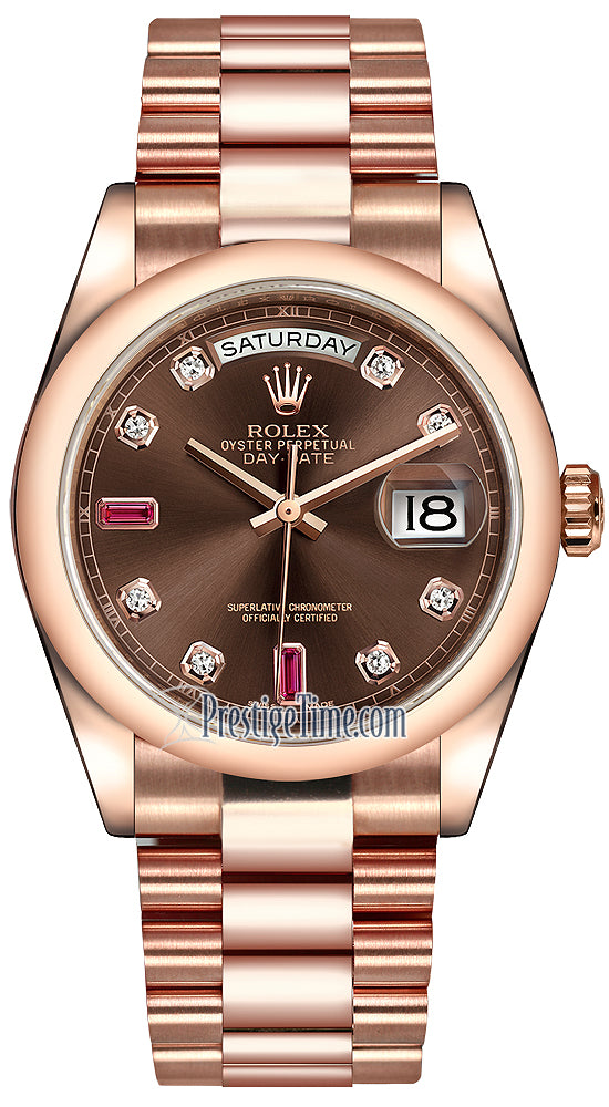 Rolex Day-Date 36mm Everose Gold Domed Bezel 118205 Chocolate Diamond Ruby President