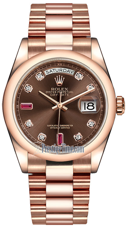 Rolex Day-Date 36mm Everose Gold Domed Bezel 118205 Chocolate Diamond Ruby President