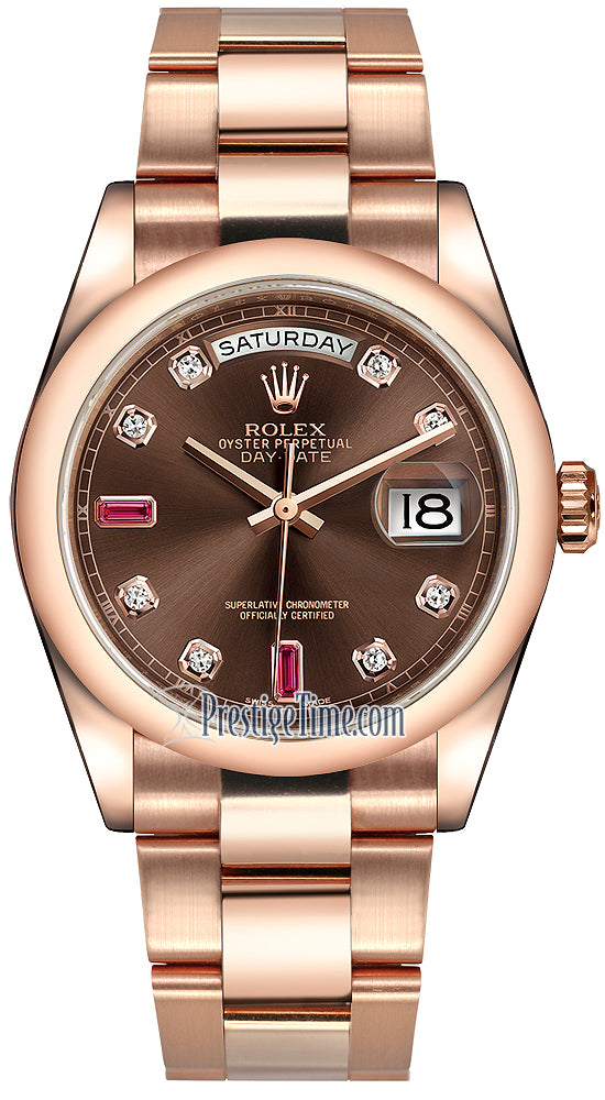 Rolex Day-Date 36mm Everose Gold Domed Bezel 118205 Chocolate Diamond Ruby Oyster