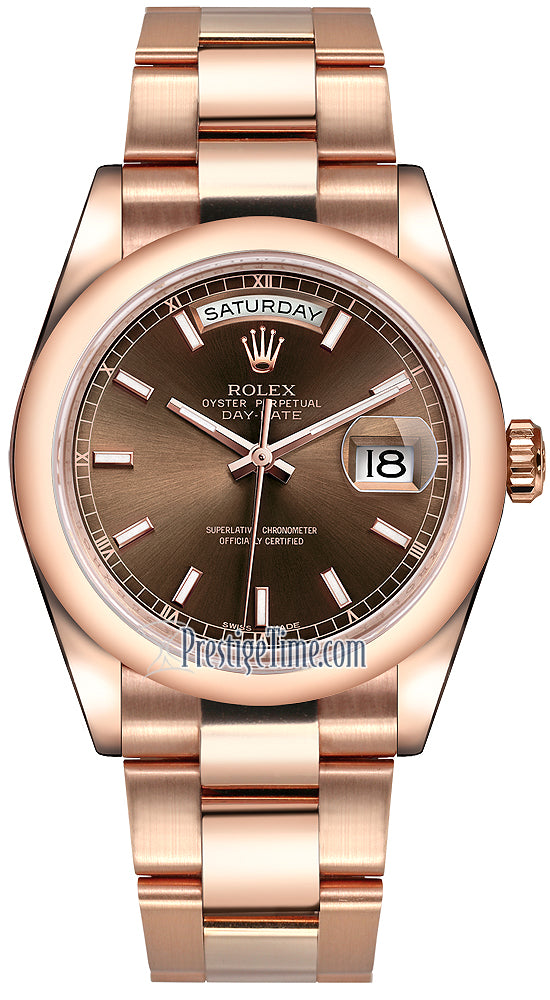 Rolex Day-Date 36mm Everose Gold Domed Bezel 118205 Chocolate Index Oyster