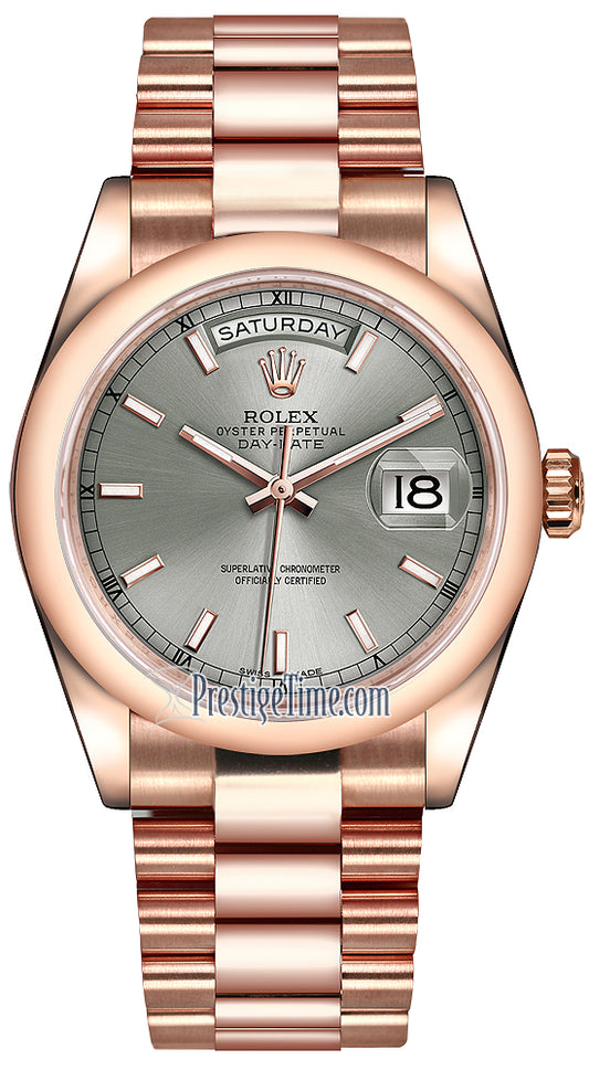 Rolex Day-Date 36mm Everose Gold Domed Bezel 118205 Rhodium Index President