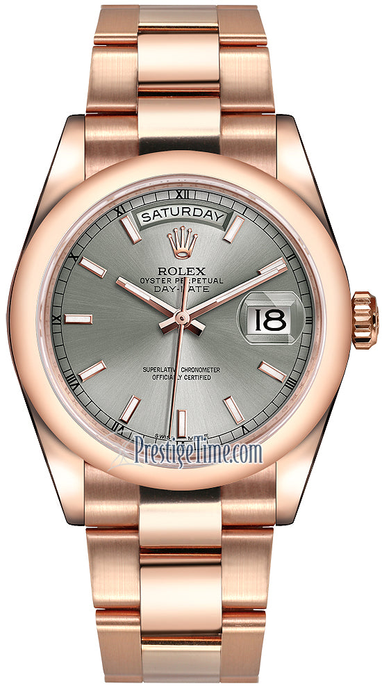 Rolex Day-Date 36mm Everose Gold Domed Bezel 118205 Rhodium Index Oyster