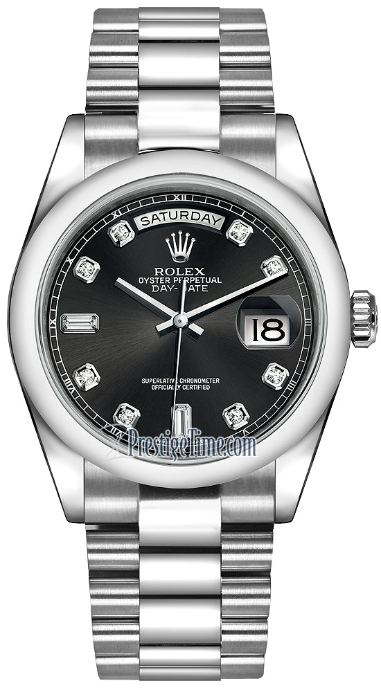 Rolex Day-Date 36mm Platinum Domed Bezel 118206 Black Diamond President