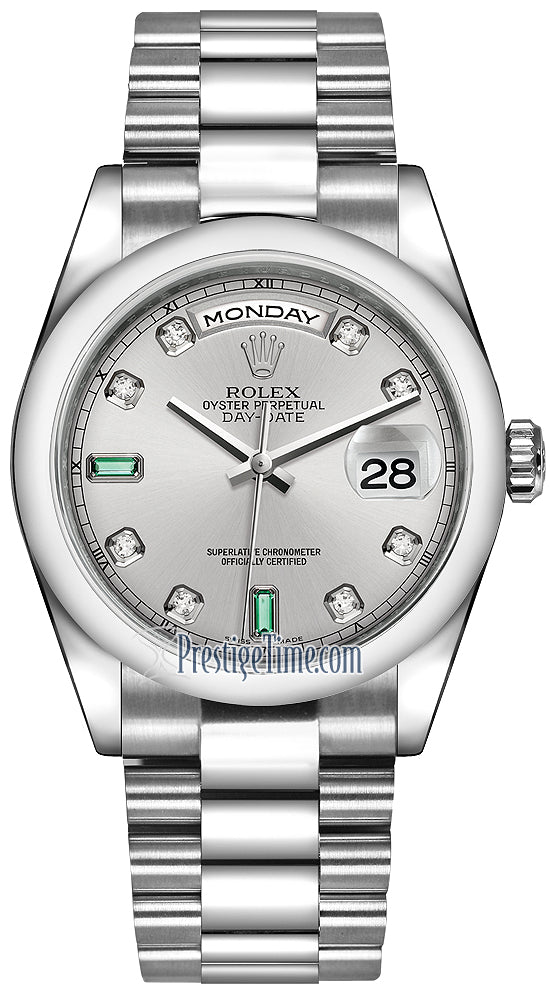 Rolex Day-Date 36mm Platinum Domed Bezel 118206 Rhodium Diamond Emerald President