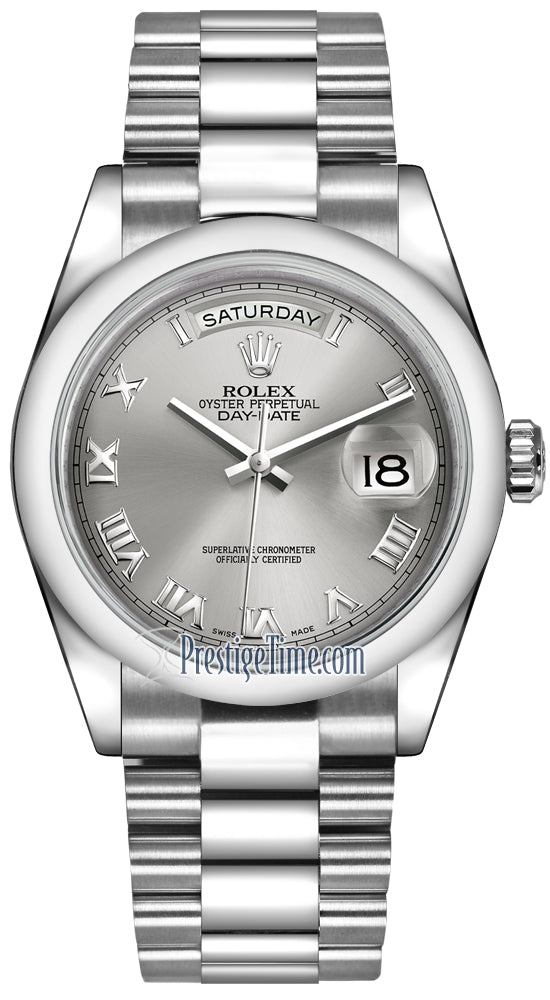 Rolex Day-Date 36mm Platinum Domed Bezel 118206 Rhodium Roman President