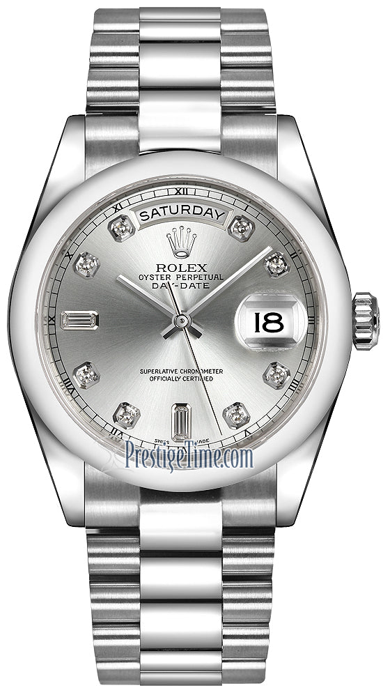 Rolex Day-Date 36mm Platinum Domed Bezel 118206 Silver Diamond President