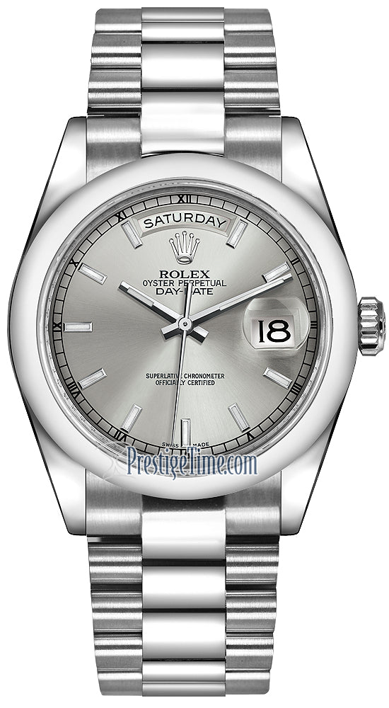 Rolex Day-Date 36mm Platinum Domed Bezel 118206 Silver Index President