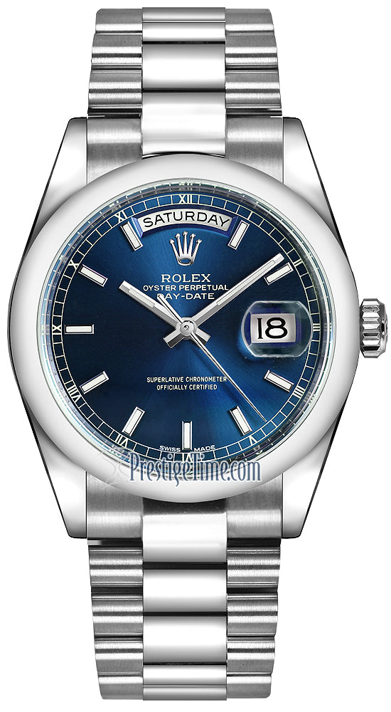 Rolex Day-Date 36mm Platinum Domed Bezel 118206 Blue Index President