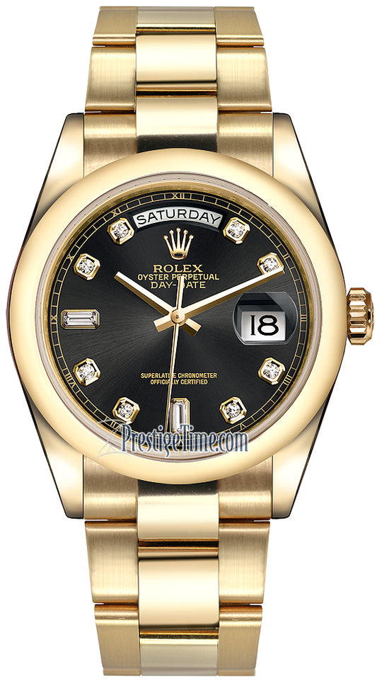 Rolex Day-Date 36mm Yellow Gold Domed Bezel 118208 Black Diamond Oyster