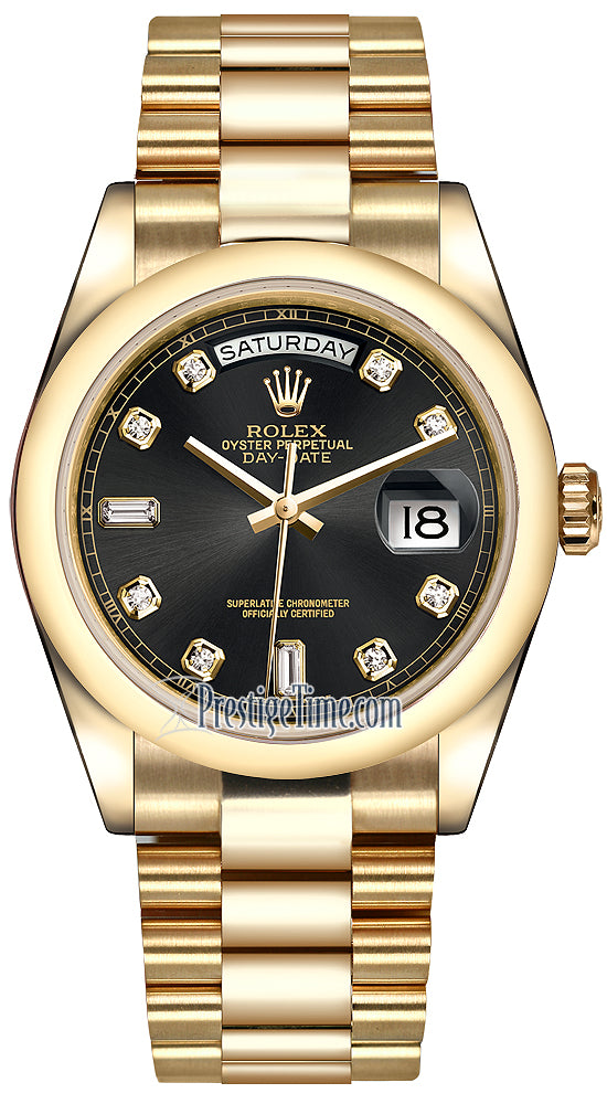 Rolex Day-Date 36mm Yellow Gold Domed Bezel 118208 Black Diamond President