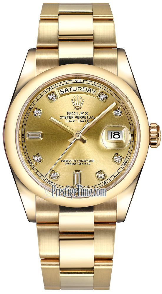 Rolex Day-Date 36mm Yellow Gold Domed Bezel 118208 Champagne Diamond Oyster