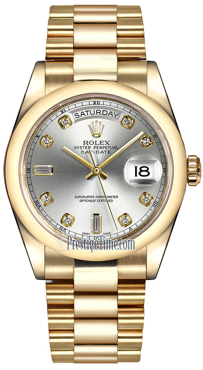 Rolex Day-Date 36mm Yellow Gold Domed Bezel 118208 Silver Diamond President