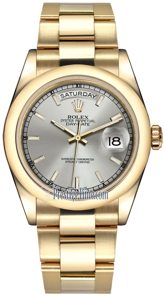 Rolex Day-Date 36mm Yellow Gold Domed Bezel 118208 Silver Index Oyster