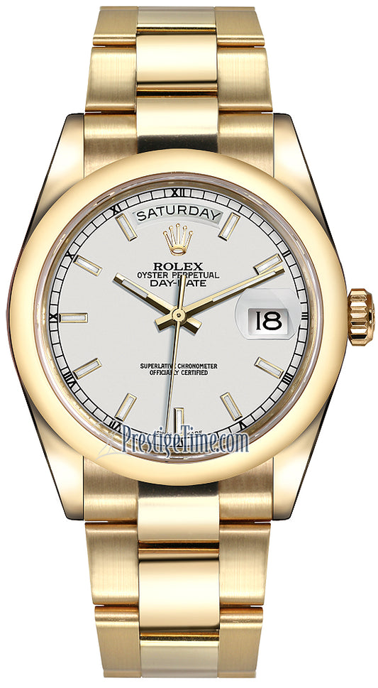 Rolex Day-Date 36mm Yellow Gold Domed Bezel 118208 White Index Oyster