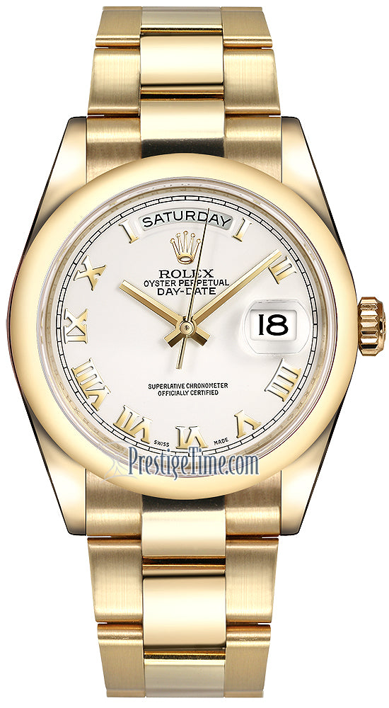 Rolex Day-Date 36mm Yellow Gold Domed Bezel 118208 White Roman Oyster