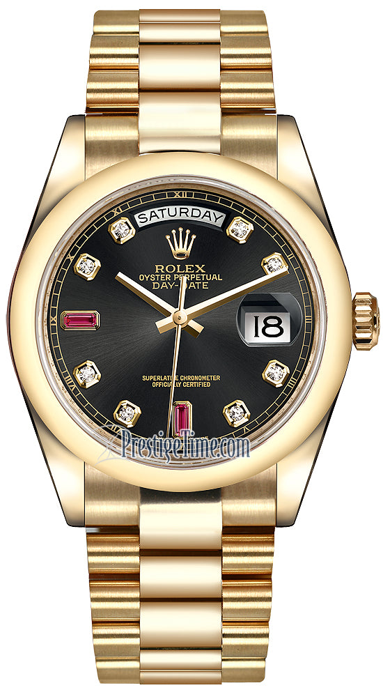 Rolex Day-Date 36mm Yellow Gold Domed Bezel 118208 Black Diamond Ruby President