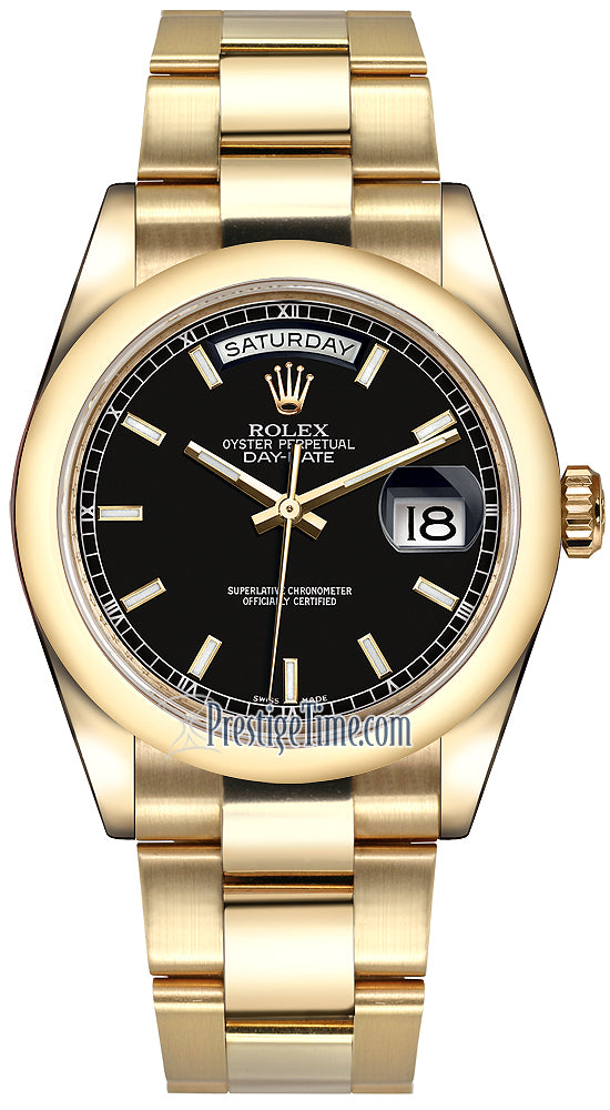 Rolex Day-Date 36mm Yellow Gold Domed Bezel 118208 Black Index Oyster