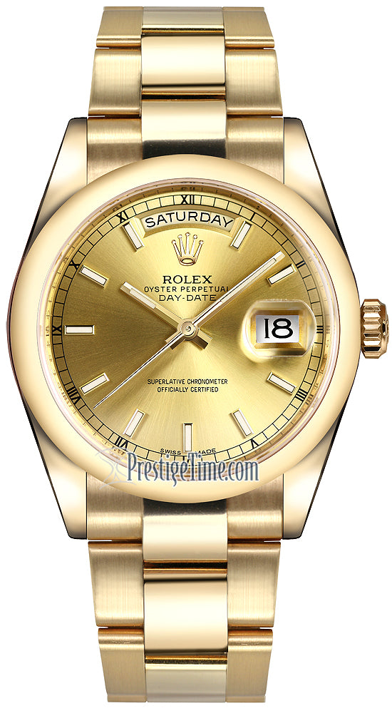 Rolex Day-Date 36mm Yellow Gold Domed Bezel 118208 Champagne Index Oyster