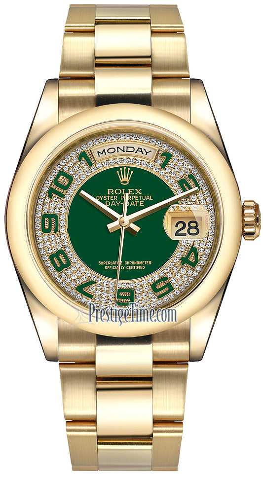 Rolex Day-Date 36mm Yellow Gold Domed Bezel 118208 Green Pave Diamond Arabic Oyster