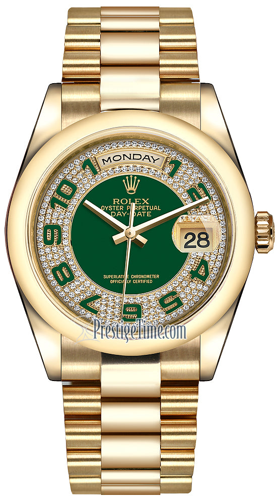 Rolex Day-Date 36mm Yellow Gold Domed Bezel 118208 Green Pave Diamond Arabic President