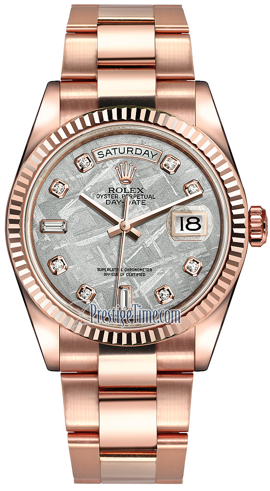 Rolex Day-Date 36mm Everose Gold Fluted Bezel 118235 Meteorite Diamond Oyster