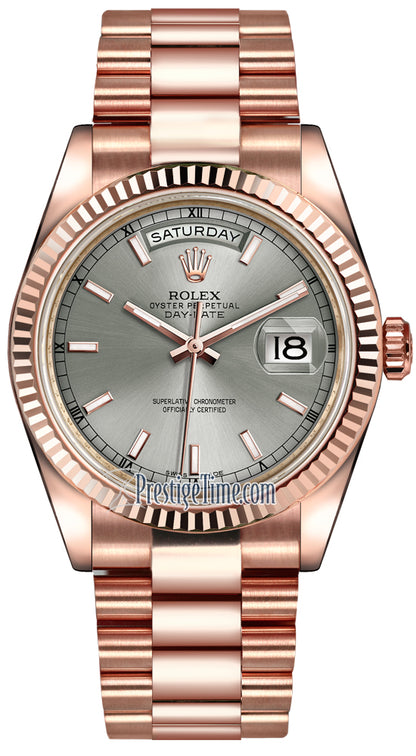 Rolex Day-Date 36mm Everose Gold Fluted Bezel 118235 Rhodium Index President