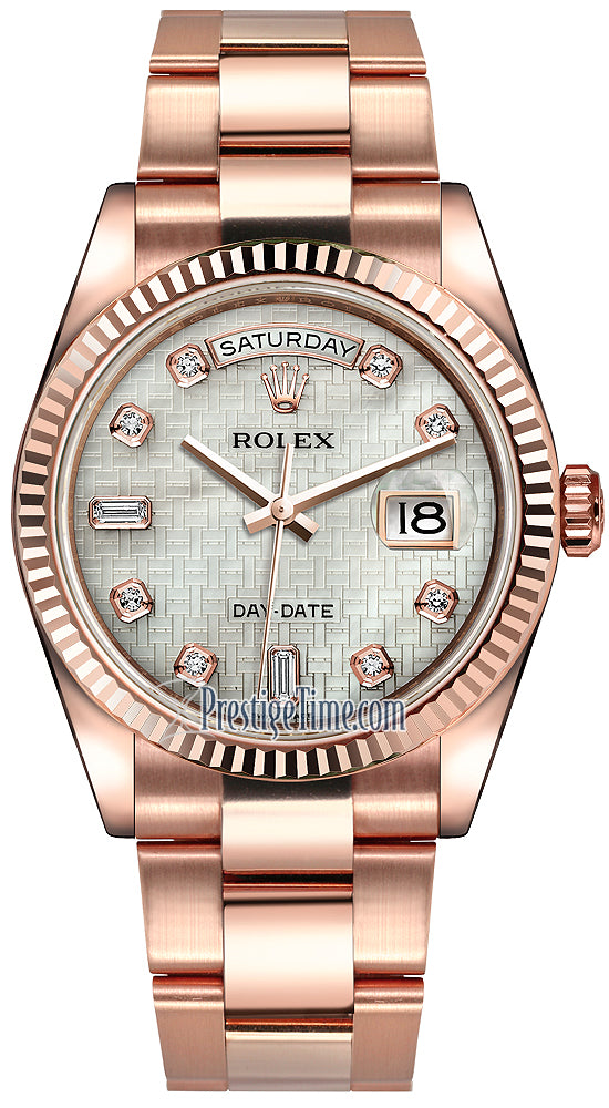 Rolex Day-Date 36mm Everose Gold Fluted Bezel 118235 White MOP Oxford Diamond Oyster