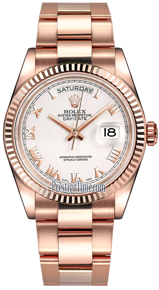 Rolex Day-Date 36mm Everose Gold Fluted Bezel 118235 White Roman Oyster