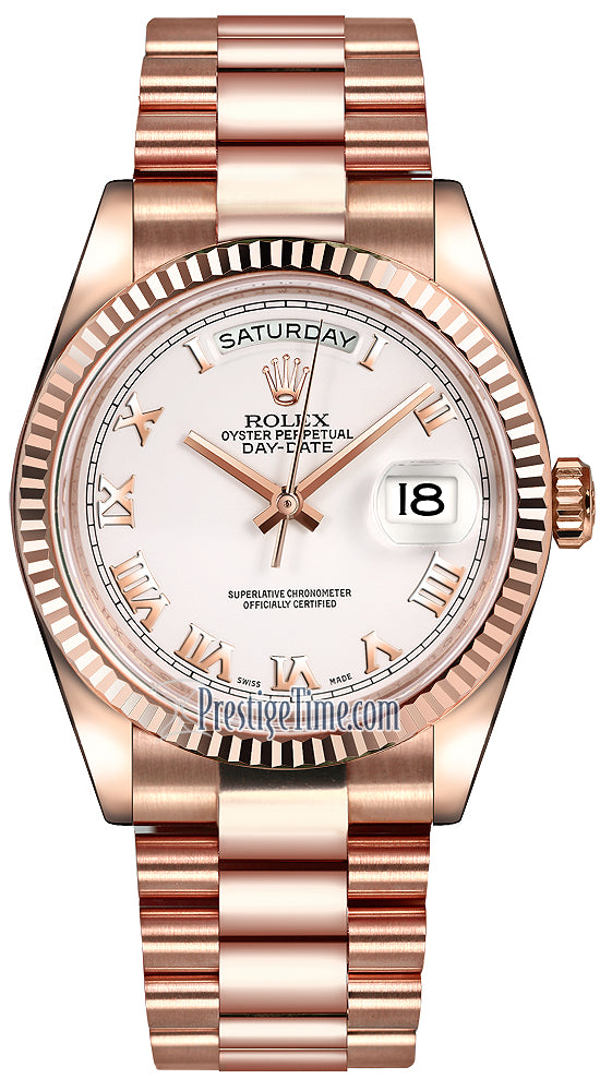 Rolex Day-Date 36mm Everose Gold Fluted Bezel 118235 White Roman President