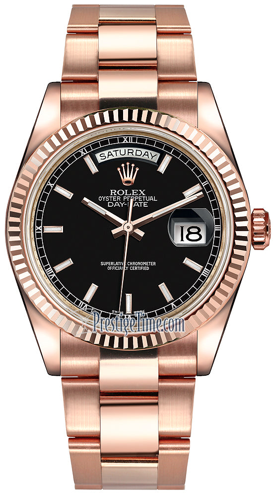 Rolex Day-Date 36mm Everose Gold Fluted Bezel 118235 Black Index Oyster