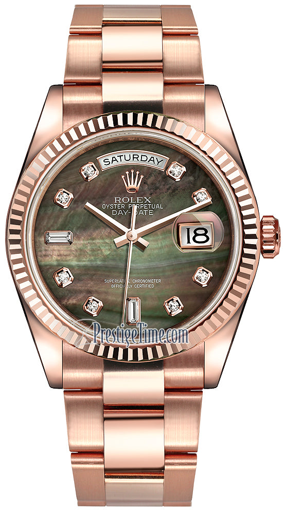 Rolex Day-Date 36mm Everose Gold Fluted Bezel 118235 Black MOP Diamond Oyster