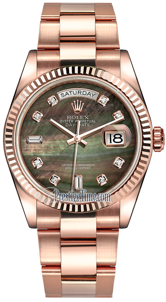 Rolex Day-Date 36mm Everose Gold Fluted Bezel 118235 Black MOP Diamond Oyster