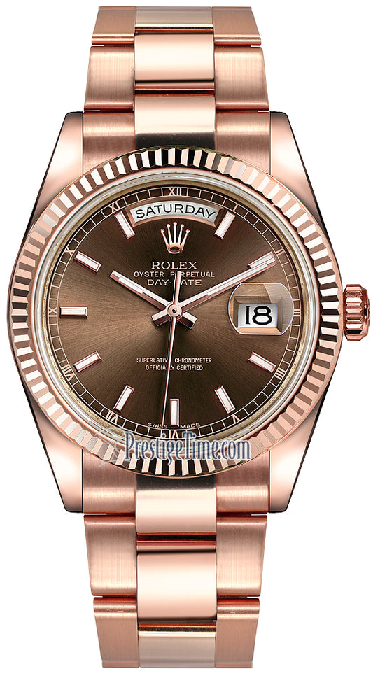 Rolex Day-Date 36mm Everose Gold Fluted Bezel 118235 Chocolate Index Oyster