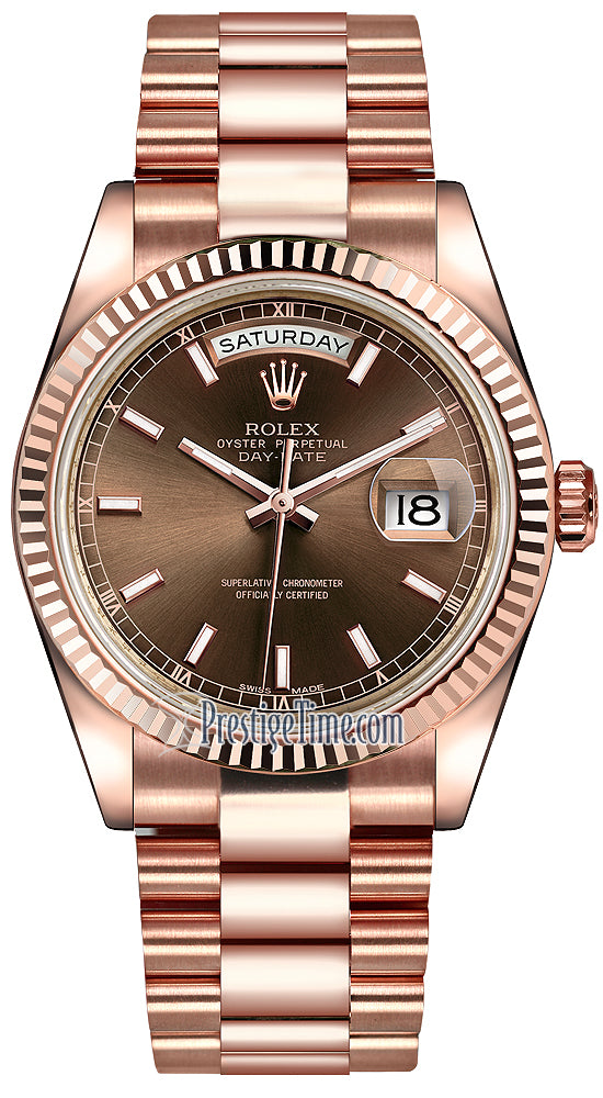 Rolex Day-Date 36mm Everose Gold Fluted Bezel 118235 Chocolate Index President