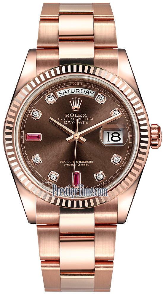 Rolex Day-Date 36mm Everose Gold Fluted Bezel 118235 Chocolate Diamond Ruby Oyster