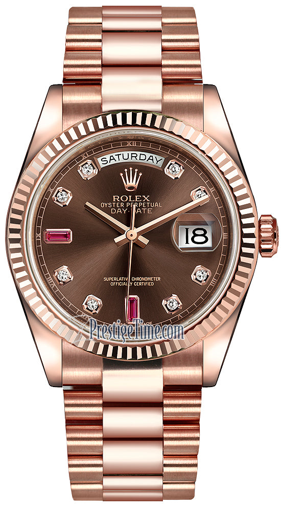 Rolex Day-Date 36mm Everose Gold Fluted Bezel 118235 Chocolate Diamond Ruby President