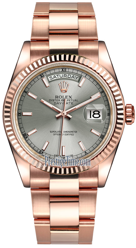 Rolex Day-Date 36mm Everose Gold Fluted Bezel 118235 Rhodium Index Oyster